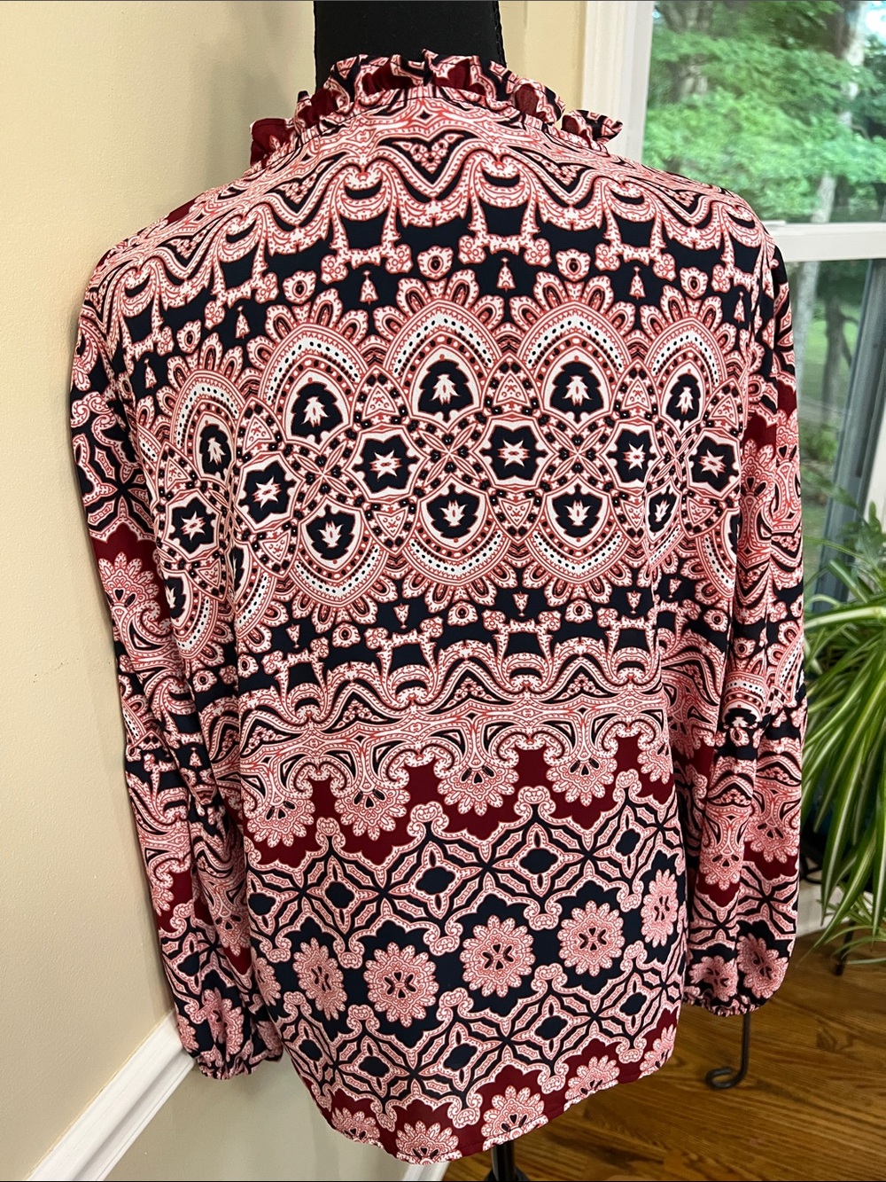 The Limited Burgundy & Pink Printed Ruffle Neck Blouse - Picture 9 of 10